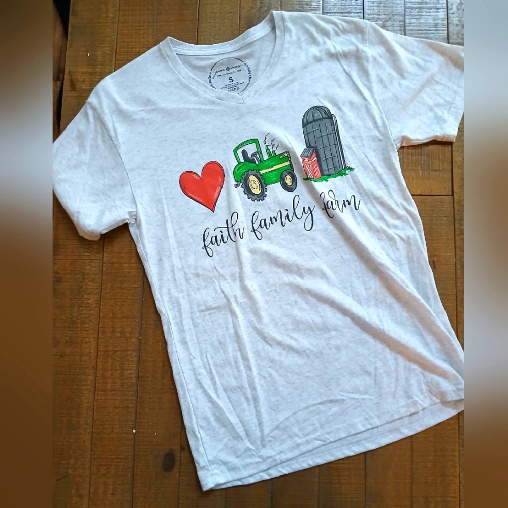Women's Light Gray V Neck T Shirt " Faith, Family, Farm"